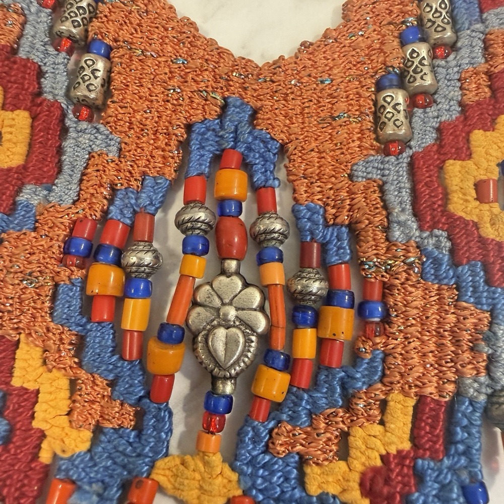 Artisan Woven Tapestry Fabric Beaded Ethnic Bib Necklace Helen Banes Style - Picture 3 of 10
